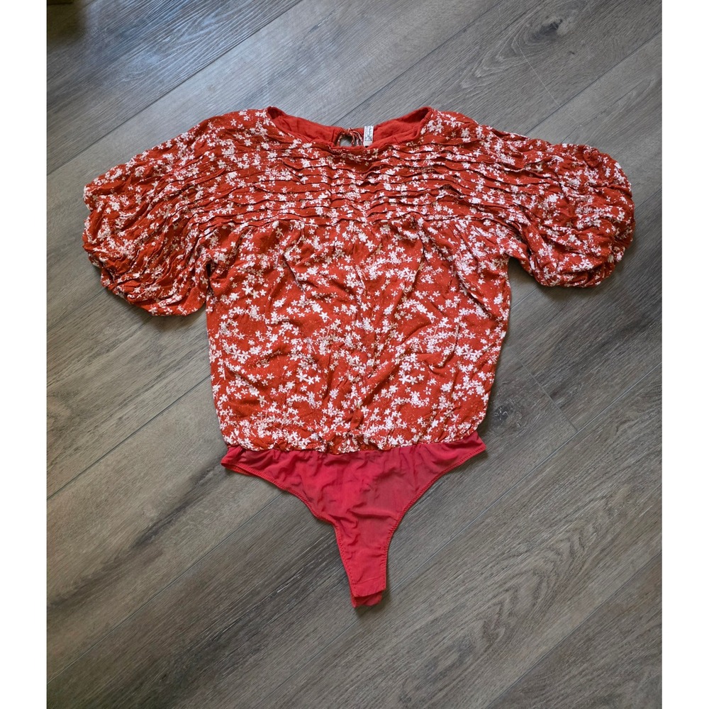 Intimately Free People Medium Dessa Bodysuit‎ Pleated Printed Red Tie Back NWOT
